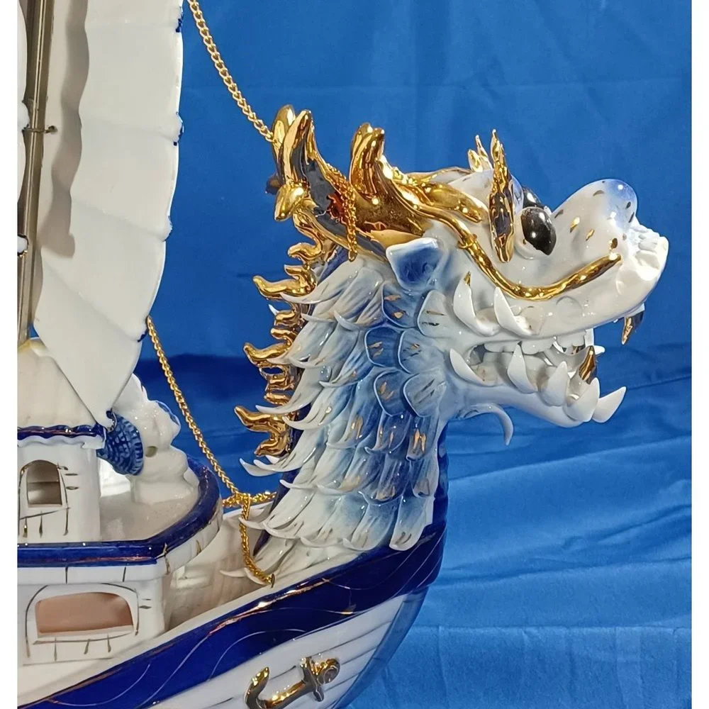 Chinese Porcelain Dragon Boat  Ship Lighted Sculpture TV  Lamp  24K Gold Vintage - Picture 15 of 16